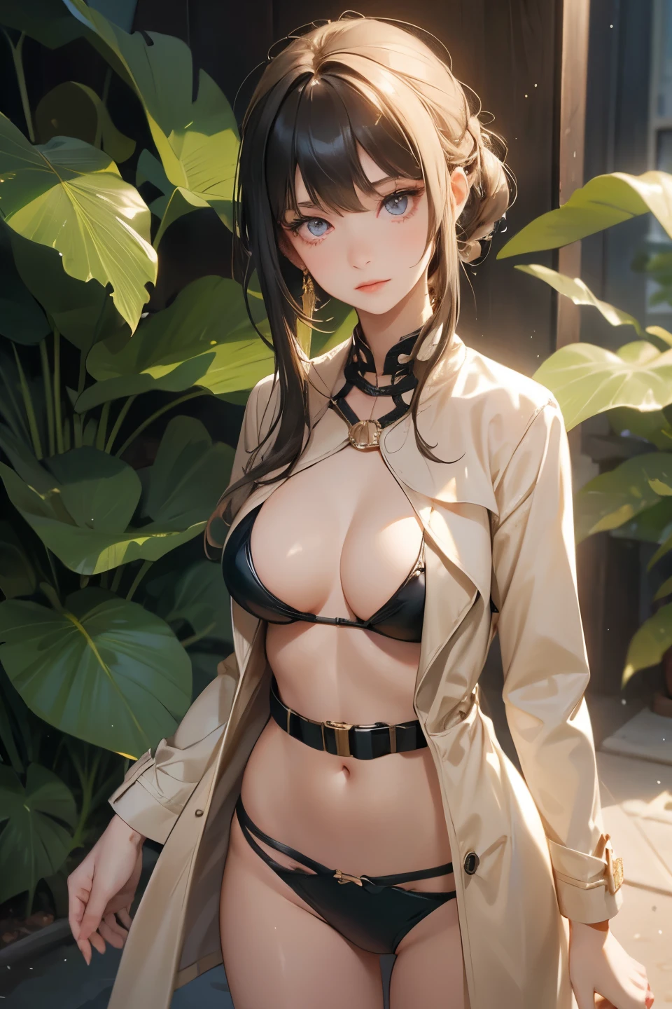 (masterpiece:1.2, highest quality), realistic, (real picture, intricate details, black high neck clothes), parted lips, very detailed, perfect face, perfect body, large model,Background in the forest、transparent nippleature woman、tall、long legs、Separate the upper and lower costumes、brightly colored drawings、Clothes with a wide open chest、revealing costumes、Clothes that expose the belly button、Only the upper body is dressed up、random hairstyle、big breasts、transparent lace costume、embellished costume、Clothes that expose the belly button、