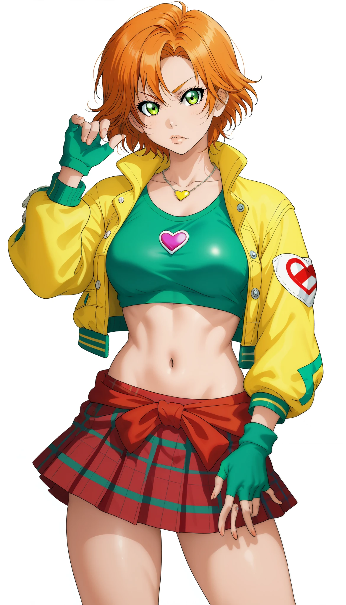 1girl, short hair, orange hair, green shirt, skin tight crop top, form fitting, bare midriff, heart symbol, fingerless gloves, plaid skirt, red skirt, tied jacket, yellow jacket, mini skirt, standing, necklace, looking at viewer, sporty, athletic build, confident pose,2D, cel shading, simple background, white background, anime style, video game art, sharp lines, vibrant colors, retro style,big breaats, breasts outlines,RUKIA Style