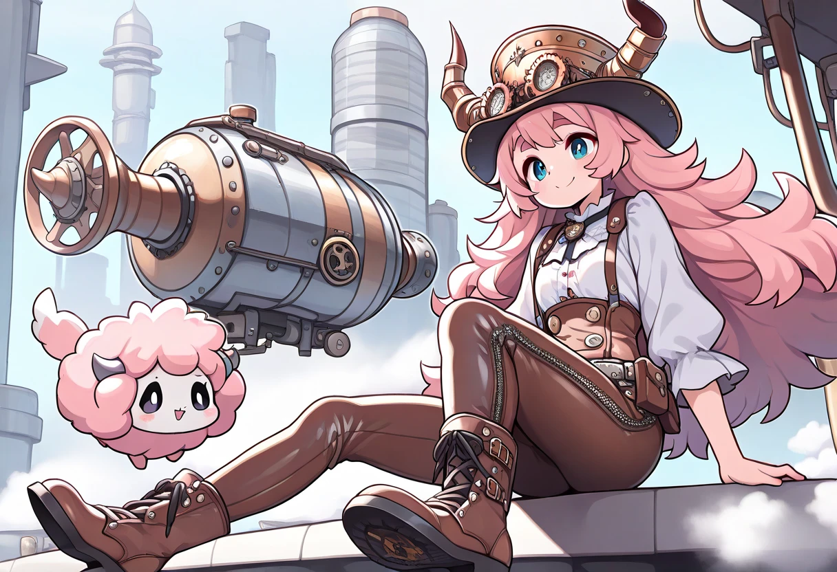 ((UHD, masterpiece, super detail, high details, best quality,  highres icon)), steam punk, 1woman, Pink fluffy long hair, Ram&#39;s horn, Thick eyebrows, smile, hat, gear, blouse, leather pants, boots, flying machine:1.5, steam punk city, steam:1.3