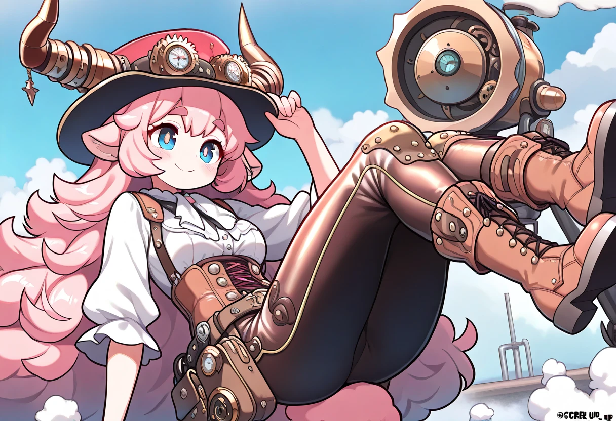 ((UHD, masterpiece, super detail, high details, best quality,  highres icon)), steam punk, 1woman, Pink fluffy long hair, Ram&#39;s horn, Thick eyebrows, smile, hat, gear, blouse, leather pants, boots, flying machine:1.5, steam punk city, steam:1.3