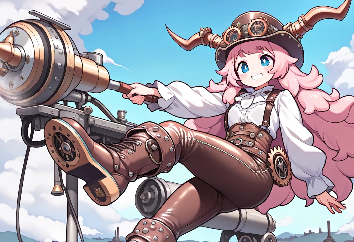 ((UHD, masterpiece, super detail, high details, best quality,  highres icon)), steam punk, 1woman, Pink fluffy long hair, Ram&#39;s horn, Thick eyebrows, smile, hat, gear, blouse, leather pants, boots, flying machine:1.5, steam punk city, steam:1.3