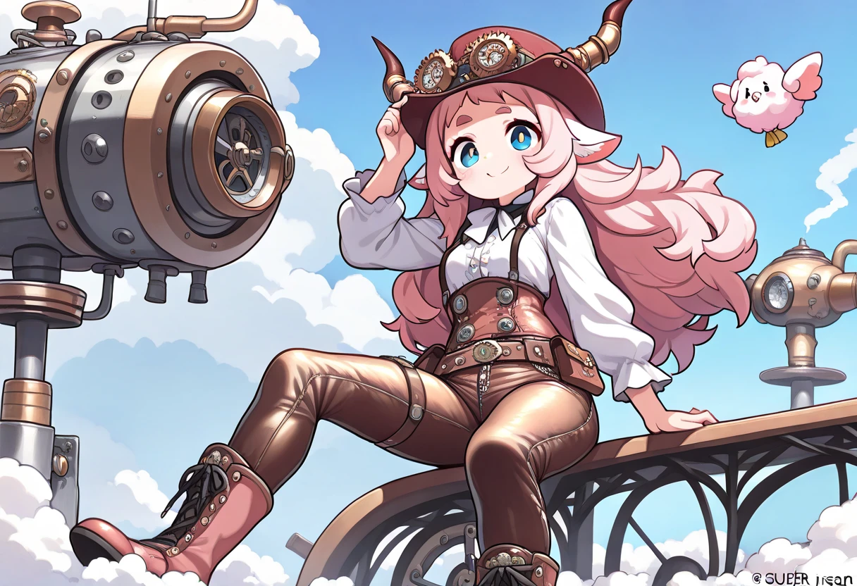 ((UHD, masterpiece, super detail, high details, best quality,  highres icon)), steam punk, 1woman, Pink fluffy long hair, Ram&#39;s horn, Thick eyebrows, smile, hat, gear, blouse, leather pants, boots, flying machine:1.5, steam punk city, steam:1.3