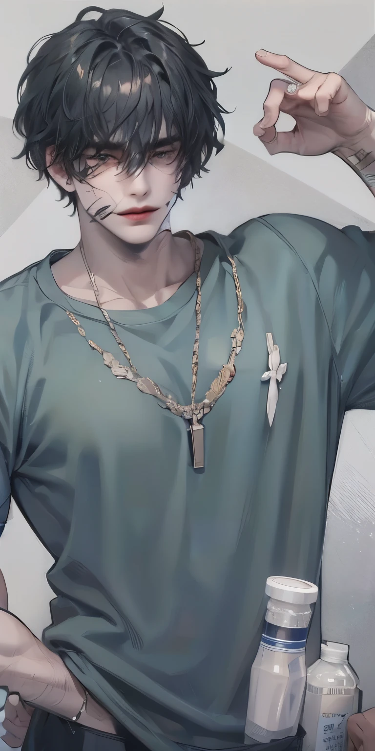 (high quality,high resolution,high detail,masterpiece:1.2), Delicate eyes and delicate face, 1 boy, 18 years old, handsome face, pure and cute face, Detailed face, white T-shirt, Blue apron, cute, Male focus, muscular, muscular male, Chest muscles, black short hair, black eyes, big eyes, detailed eyes, Solo, Solitary, clean arm, clean chest, (sad)