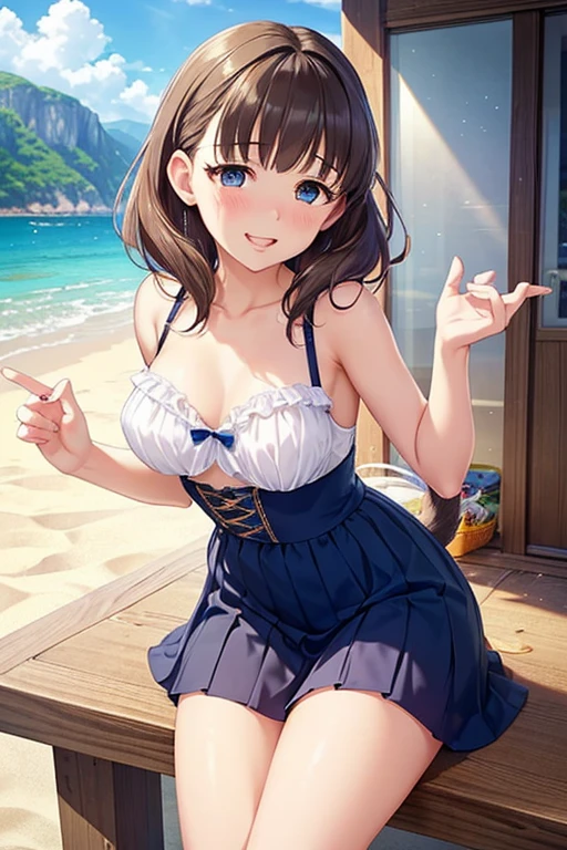 very cute and beautiful girl standing near the window,(Blue plaid summer dress with fine ruffles),No sleeve,Fine lace,(skirt lift,white panties), (very detailed美しい顔),beach,wooden floating cottage, cowboy shot,(smile),blush,looking at the viewer,medium hair,black hair,up hair, (highest quality,masterpiece:1.2),disorganized,High resolution,super detailed,very detailed,32K,8K resolution, intricate details,movie-like scene,detailed background,alone,dynamic angle, Natural light,particles of light,beautiful and detailed sky,perfect hands,