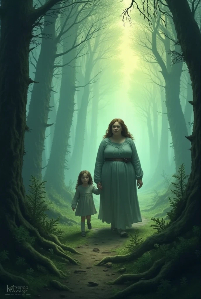 plump white-skinned woman of normal build with brown hair walks with a ****** girl through a misty forest