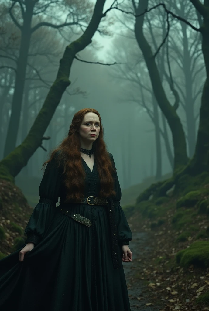 a plump white-skinned woman of normal build with brown hair,a  walking through a misty forest,beautiful detailed eyes,beautiful detailed lips,extremely detailed eyes and face,longeyelashes,very realistic,photorealistic,hyper detailed,masterpiece,8k,high quality,vibrant colors,dramatic lighting,moody atmosphere,mystical,fantasy,ethereal