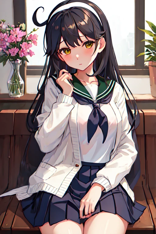  top quality, masterpiece,  high definition , Alone, {Ushio_  Fleet Collection:1.15}, length_hair, black_hair,  , brown_eye, , chest, Sera Clothing, big_chest,  1 girl, green_Sailor_ color,  watching _in_ viewer, Sailor_ color, School_uniform, green_ skirt,  cardigan ,   skirt,  hairband, pleined_ skirt, white_hairband, hair_between_eye,  upper_body, sheer clothes,blackいブラジャー