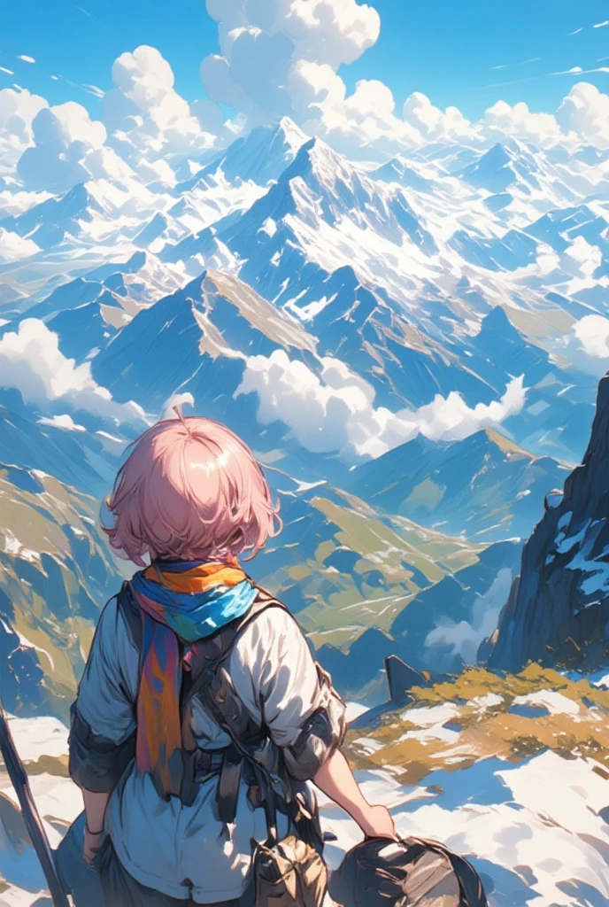 Imagine a breathtaking vista at the peak of a rugged mountain where a charming sheep girl with captivating pink hair stands at the edge, absorbing the awe-inspiring panorama. Her attire, a blend of sturdy mountaineering gear and layered warmth, includes a colorfully knitted scarf that wraps snugly around her neck, warding off the chill of the high-altitude breeze. Beside her, a trusty hiking staff stands steadfast, marking the culmination of her climb and an ally in every ascent. Her eyes are fixed upon the sprawling ranges undulating into the distance, each mountain a guardian of its own mysteries and vistas. Above her, the sky stretches infinitely in hues of cerulean blue, the air crisp with purity and possibility. Her expression is one of serene accomplishment, a quiet but profound connection to the vastness surrounding her, embodying both her strength and sensitivity to the natural world—a unity that echoes the spirit of a traveler who has found her place within the journey as much as within the fleeting moment before the eternal sky.