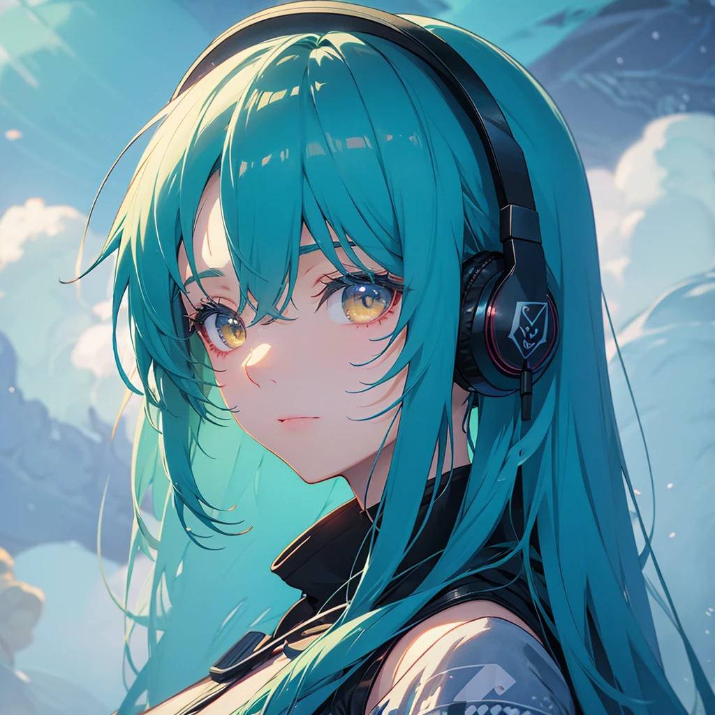 tsundere　 Female principal 　 The background is blurry　 Draw only the upper body 　Woman with blue hair　 Style illustration of a lonely Gweiz with headphones、beautiful anime、 alone　Gwythe 、beautiful anime girl、beautiful anime girl、 anime girl with teal hair 、 anime style 。8K、 Bowater's art style 、Hermosas ilustraciones digitales、Beautiful character painting、 Impressive anime face portrait Mikudayo ,  Official illustration , Chica Lofi,  art style lofi ,,  half peak , Anime atmosphere , 富士フイルムと混ぜた anime style , anime digital illustration, Anime Wallpaper 4k　girl wearing headphones,  starry sky　Night Vision　girl looking at the  starry sky　Waxing Moon in the center of Tokyo, snowing snow  