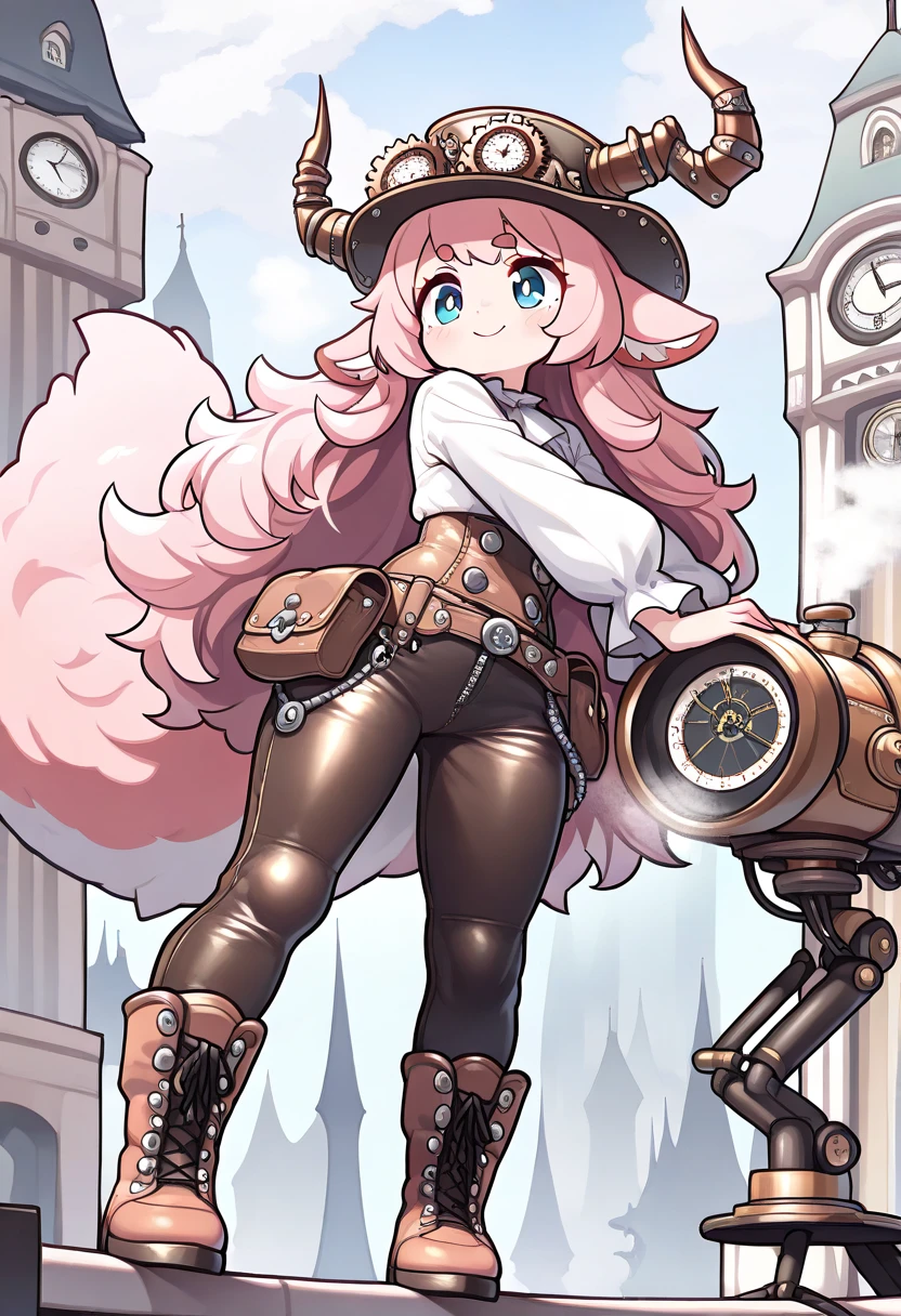 ((UHD, masterpiece, super detail, high details, best quality,  highres icon)), steam punk, 1woman,  pink fluffy long hair, Ram&#39;s horn, Thick eyebrows, smile, hat, gear, blouse, leather pants, boots, Standing on top of the clock tower , flying machine:1.5, steam punk city, steam:1.3