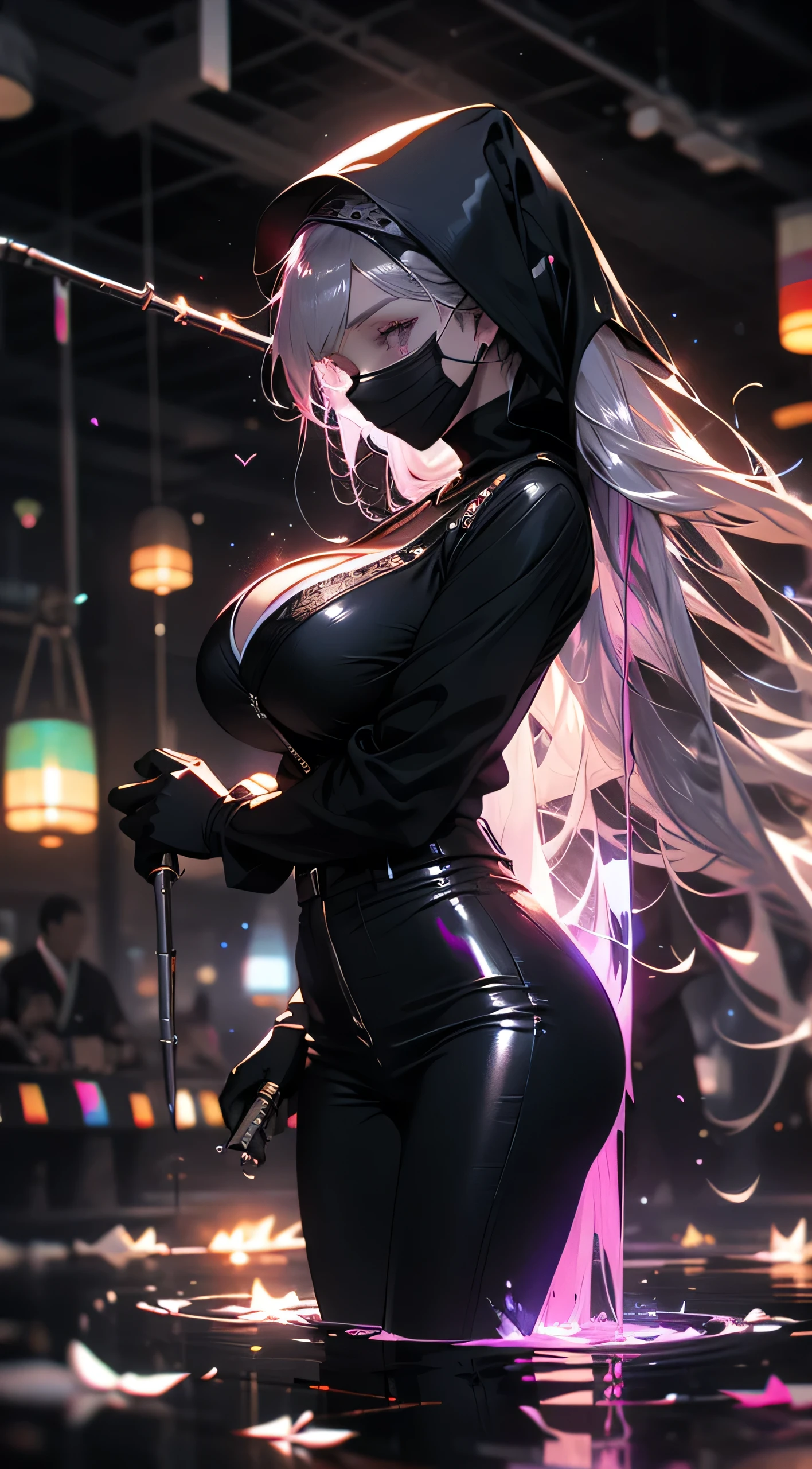 8k,masterpiece,best quality, ((( silhouette art:1.4))), a stylish and sexy ninja hoodie that shows off her cleavage and thighs, (Double Exposure:1.3), Bright violet and silver hair with pink streaked, Japanese garden with bamboo grove,wields an infernal Grim Reaper's huge scythe to hunt souls,Blue Moon, (close-up), a female ninja with one eye covered with a black cloth like an eyepatch,Japanese neon that shines in pink and purple is reflected in a puddle.,mid-night
