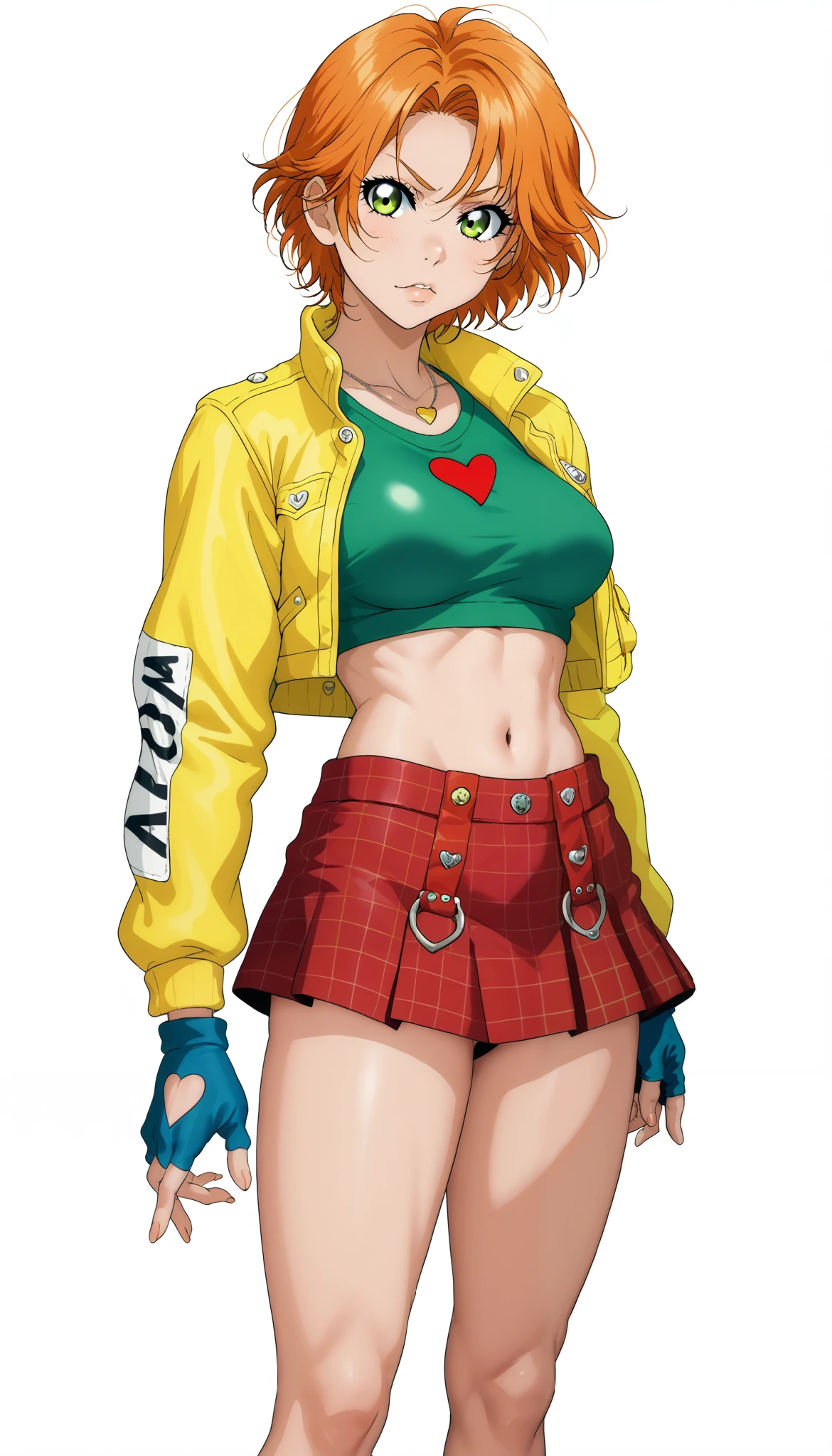 1girl, short hair, orange hair, green shirt, skin tight crop top, form fitting, bare midriff, heart symbol, fingerless gloves, plaid skirt, red skirt, tied jacket, yellow jacket, mini skirt, standing, necklace, looking at viewer, sporty, athletic build, confident pose,2D, cel shading, simple background, white background, anime style, video game art, sharp lines, vibrant colors, retro style,big breaats, breasts outlines,RUKIA Style, crotch out, crotch line