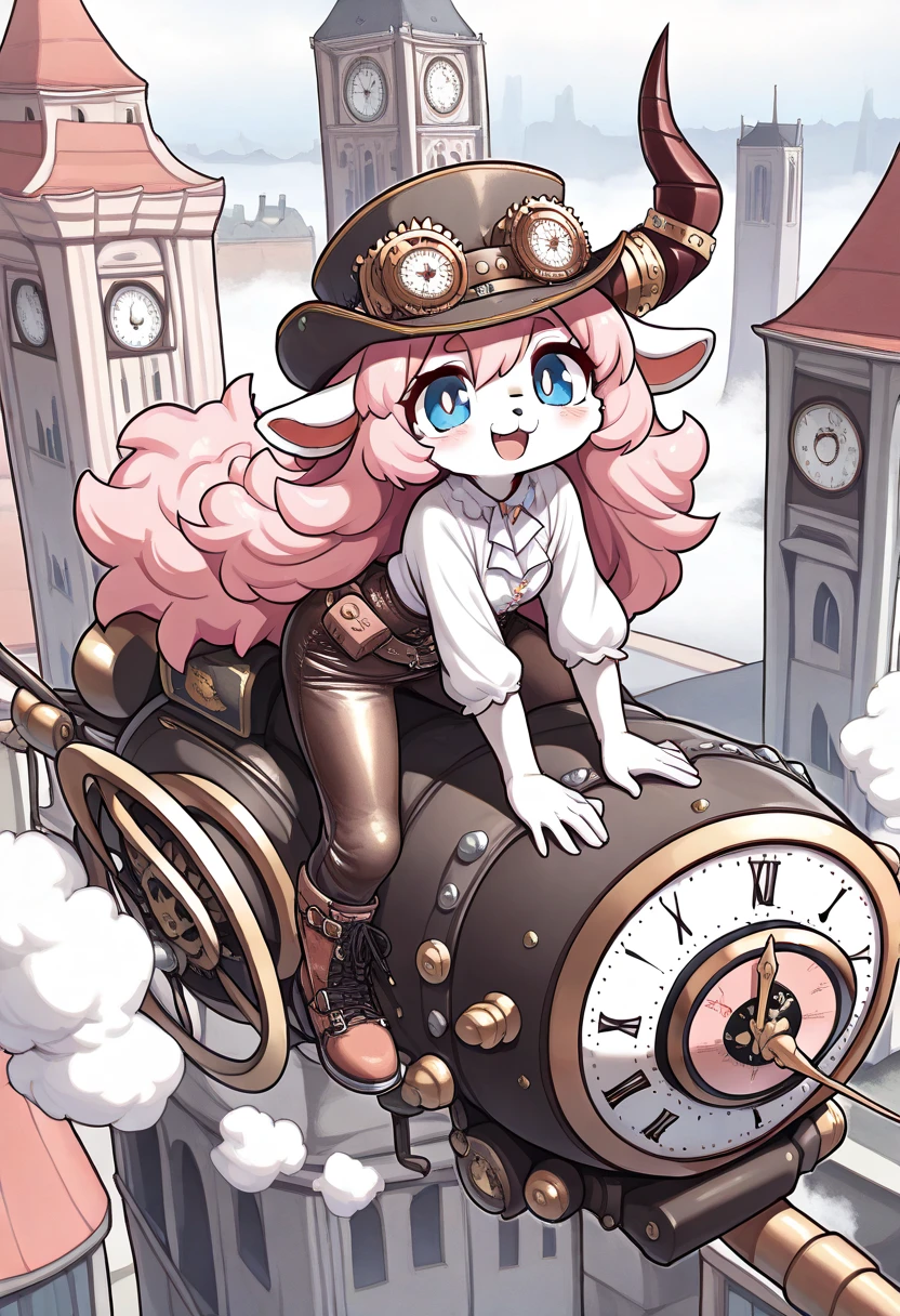 ((UHD, masterpiece, super detail, high details, best quality,  highres icon)), steam punk, 1woman,  pink fluffy long hair, Ram&#39;s horn, Thick eyebrows, smile, hat, gear, blouse, leather pants, boots, Standing on top of the clock tower , flying machine:1.5, steam punk city, Vision:1.5, from above:1.4, steam:1.3