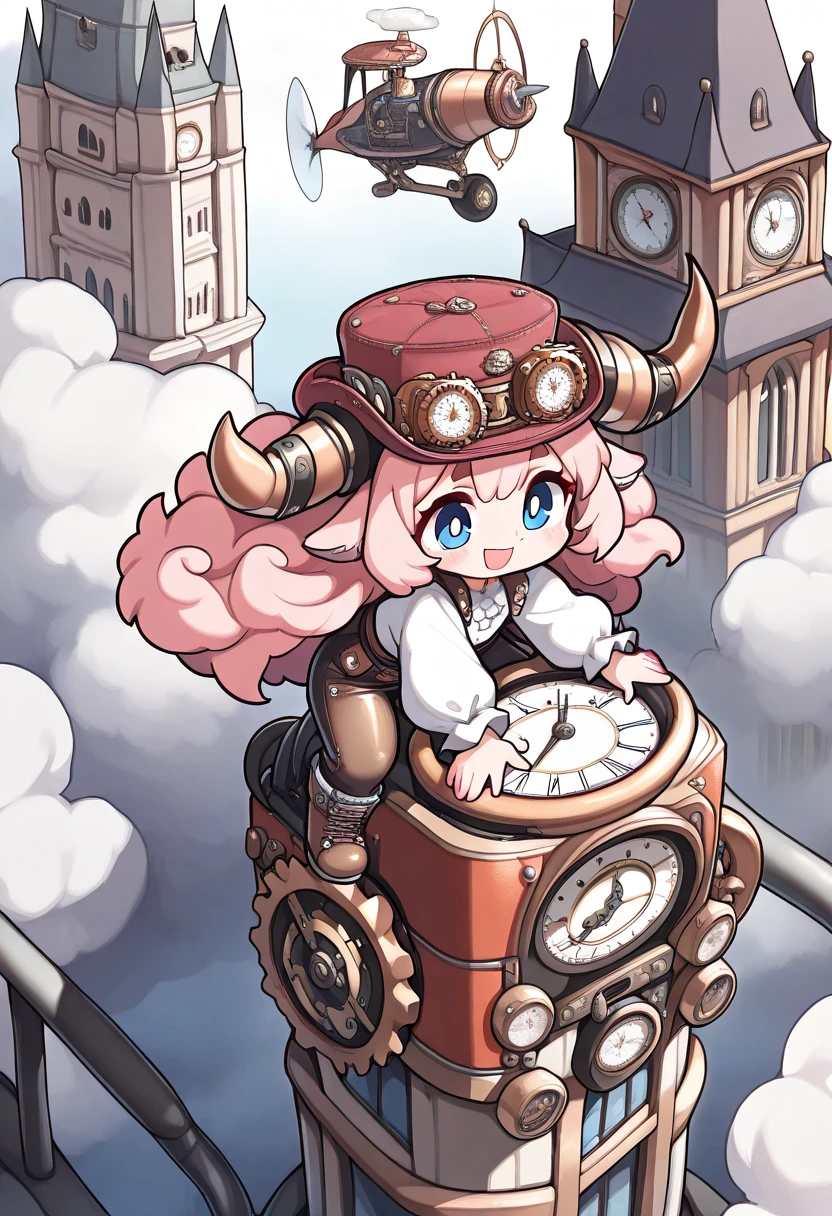 ((UHD, masterpiece, super detail, high details, best quality,  highres icon)), steam punk, 1woman,  pink fluffy long hair, Ram&#39;s horn, Thick eyebrows, smile, hat, gear, blouse, leather pants, boots, Standing on top of the clock tower , flying machine:1.5, steam punk city, Vision:1.5, from above:1.4, steam:1.3