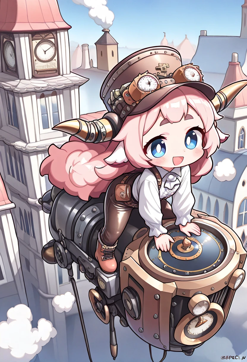 ((UHD, masterpiece, super detail, high details, best quality,  highres icon)), steam punk, 1woman,  pink fluffy long hair, Ram&#39;s horn, Thick eyebrows, smile, hat, gear, blouse, leather pants, boots, Standing on top of the clock tower , flying machine:1.5, steam punk city, Vision:1.5, from above:1.4, steam:1.3