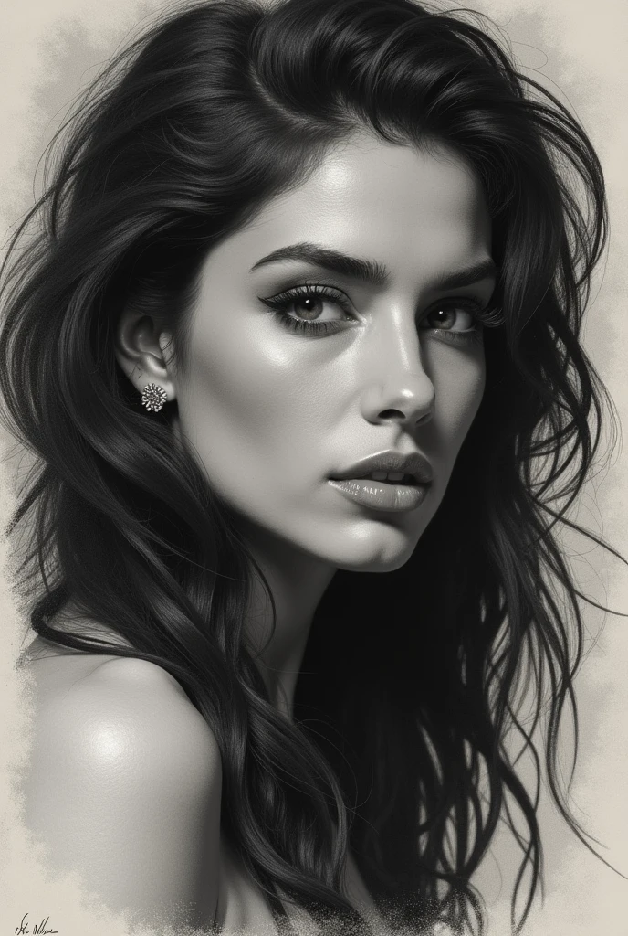 (best quality,realistic),A girl with black locks,typical breasts,beautiful detailed eyes,luscious lips,medium:graphite drawing,strong highlights,dramatic shadows,subtle background,contrast and texture,monochromatic,pencil strokes,detailed rendering.