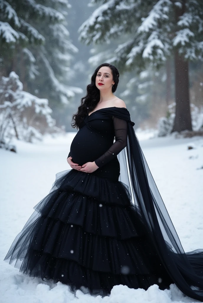   pregnant woman looking perfect at a photo shoot in the snow in a valley with dense trees and falling snow in Seattle, she's doing a model pose lying in the snow . she is 24 years old, white pele,  beautiful super long and wavy BLACK hair . red lipstick,  pink cheeks , textured glow skin.  She is wearing a perfect shoulder to shoulder dress with long princess-style sleeves ,  has a voluminous skirt with tulle and fabric that blend dramatically , The dress is long and perfect in the color black , The dress has a long cape that extends over the back