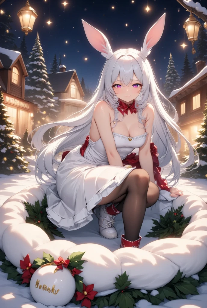 ((UHD, masterpiece, super detail, high details, best quality,  highres icon)), 1woman, Bunny Ear Guardian, rabbit ear,  boots, beautifully decorated christmas wreath