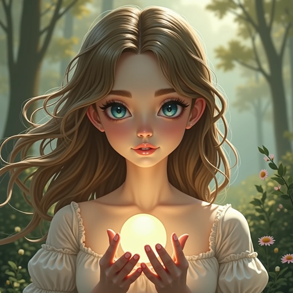Sad 25-year-old girl brown hair looking at a small shiny white jewel in the palm of her hand, in a magical and beautiful reddish forest, com um distante castelo ao fundo e reflexos de luzes provenientes do cristal