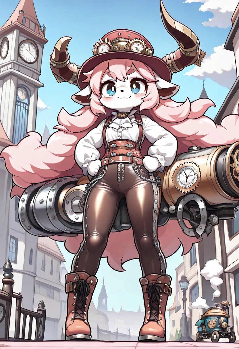 ((UHD, masterpiece, super detail, high details, best quality,  highres icon)), steam punk, 1woman,  pink fluffy long hair, Ram&#39;s horn, Thick eyebrows, smile, hat, gear, blouse, leather pants, boots, Standing on top of the clock tower , flying machine:1.5, steam punk city, Vision:1.5, from below:1.4, steam:1.3