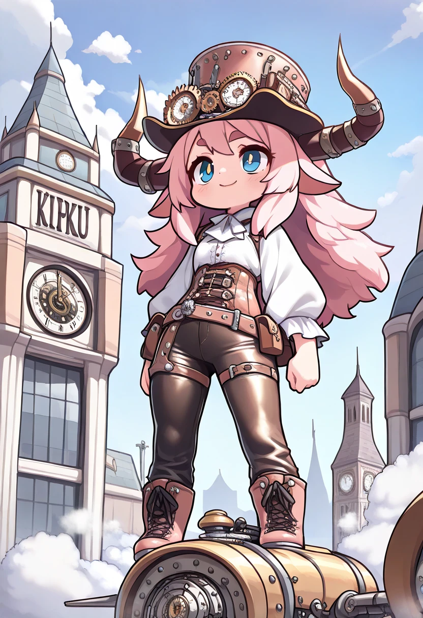 ((UHD, masterpiece, super detail, high details, best quality,  highres icon)), steam punk, 1woman,  pink fluffy long hair, Ram&#39;s horn, Thick eyebrows, smile, hat, gear, blouse, leather pants, boots, Standing on top of the clock tower , flying machine:1.5, steam punk city, Vision:1.5, from below:1.4, steam:1.3