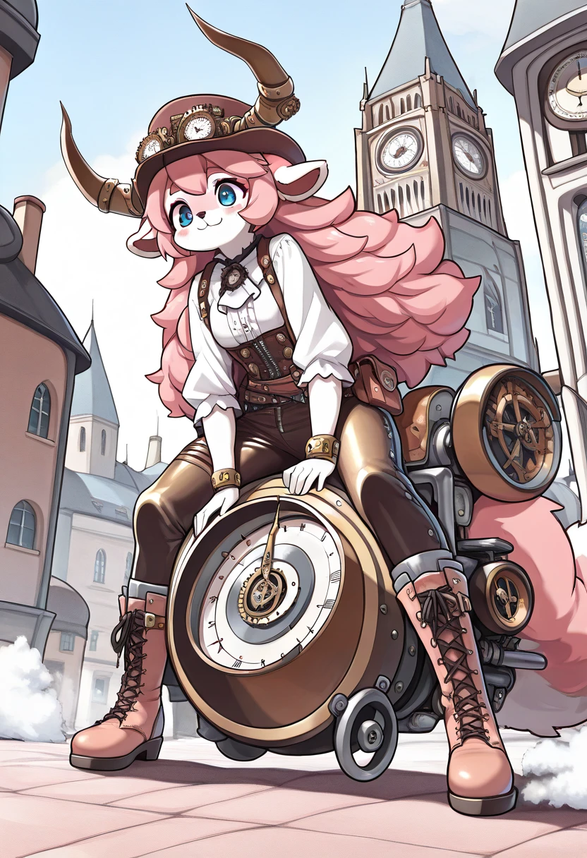 ((UHD, masterpiece, super detail, high details, best quality,  highres icon)), steam punk, 1woman,  pink fluffy long hair, Ram&#39;s horn, Thick eyebrows, smile, hat, gear, blouse, leather pants, boots, Standing on top of the clock tower , flying machine:1.5, steam punk city, Vision:1.5, from below:1.4, steam:1.3