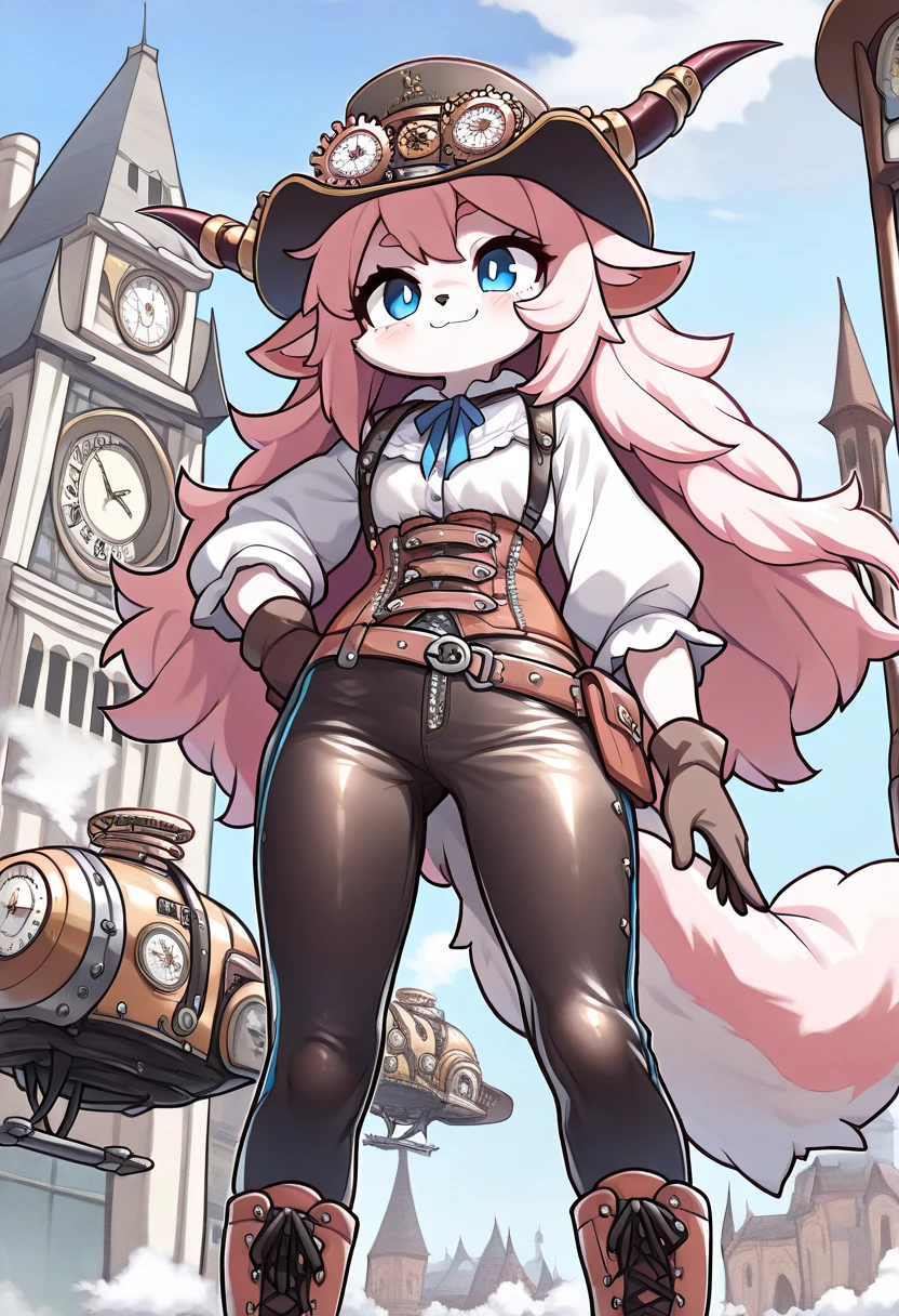 ((UHD, masterpiece, super detail, high details, best quality,  highres icon)), steam punk, 1woman,  pink fluffy long hair, Ram&#39;s horn, Thick eyebrows, smile, hat, gear, blouse, leather pants, boots, Standing on top of the clock tower , flying machine:1.5, steam punk city, Vision:1.5, from below:1.4, steam:1.3