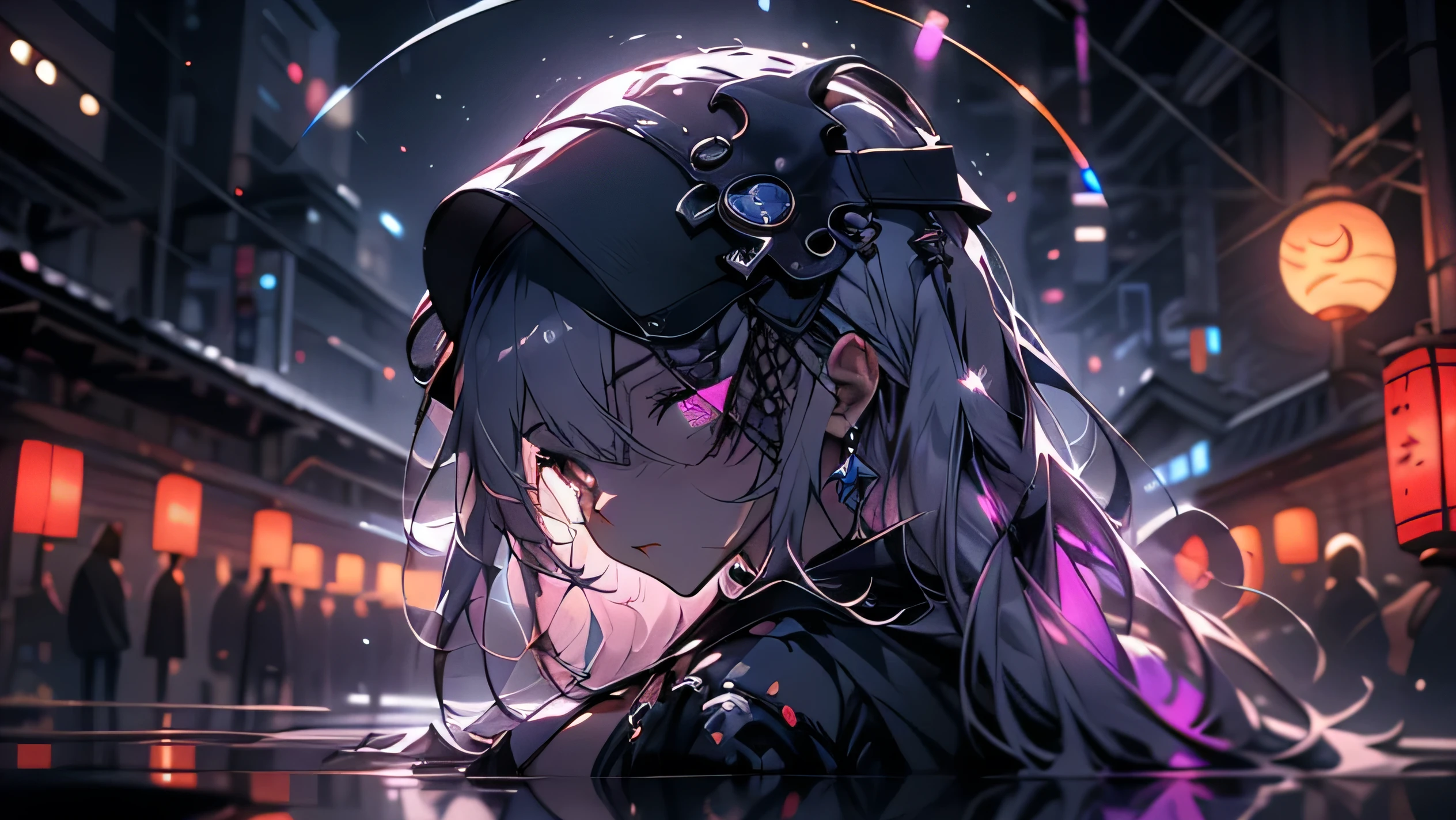 8k,masterpiece,best quality, ((( silhouette art:1.4))), a stylish and sexy ninja hoodie that shows off her cleavage and thighs, (Double Exposure:1.3), Bright violet and silver hair with pink streaked, Japanese garden with bamboo grove,wields an infernal Grim Reaper's huge scythe to hunt souls,Blue Moon, (close-up), a female ninja with one eye covered with a black cloth like an eyepatch,Japanese neon that shines in pink and purple is reflected in a puddle.,mid-night