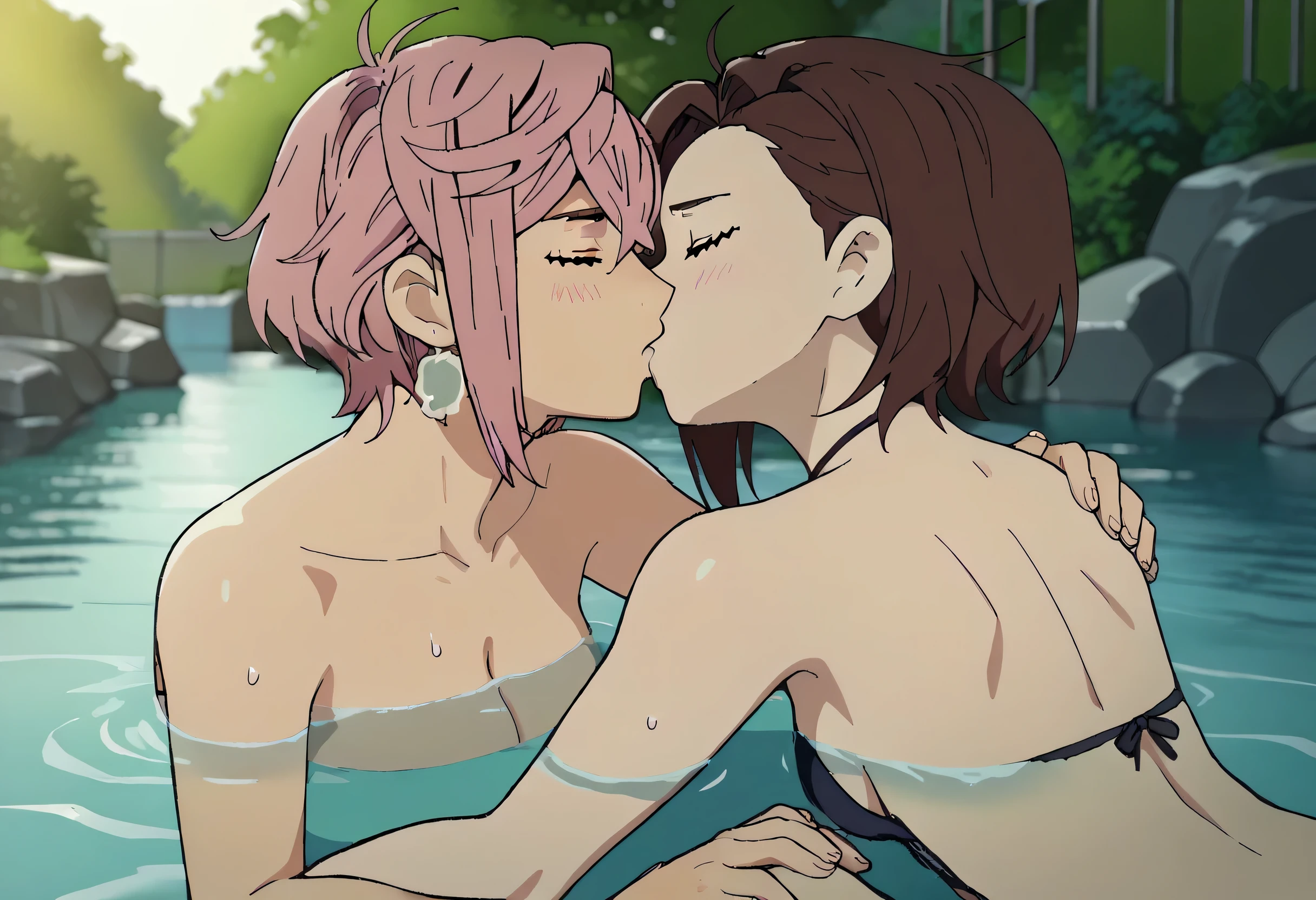 Kys, wet_body, water, lesbian_sex, kiss, kissing, closed_eyes, Expressiveh, ng_deepnegative_v1_75t, source_anime, BREAK, momo ayase from dandadan, ayase momo from dandadan, momo has: brown hair, earrings BREAK, Aira Shiratori from dandadan, Aira Shiratori, shiratori aira from dandadan, aira has: pink hair, short hair, 