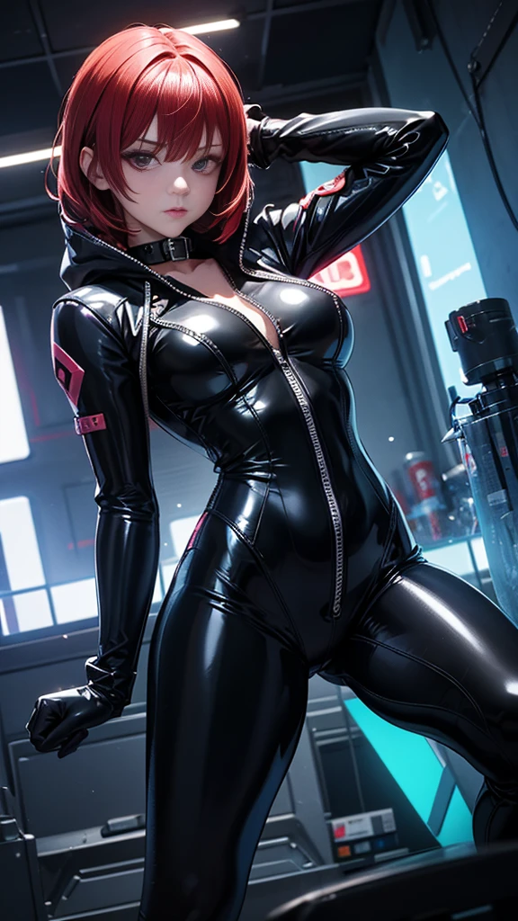 High detail, exhausting (tight shirt:1.2), beautiful detailed face, Red hair, hazel eyes, (attractive fitness woman:1.3), (seductive:1.1), (blush:1.1), curvy body shape, Black and Bright Red Aerobic Latex Full Bodysuit., Large and round breasts