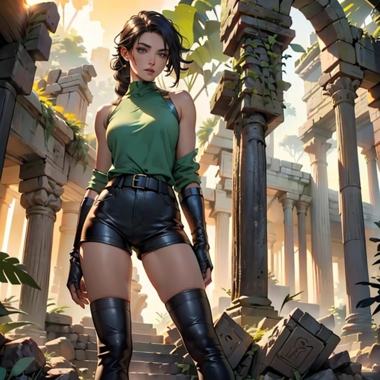 ((High quality)), ((masterpiece)), ((ultrarealistic)), ((cinematic lighting)), ((sensual atmosphere:1.4)), (8K resolution), (detailed fabric textures), (rich color tones).
A fearless treasure hunter with a striking, confident demeanor navigates a treacherous jungle, where every step is fraught with danger. Her skin is sun-kissed, the jungle humidity clinging to her as she pauses before an ancient stone temple. The air is thick with mystery, the shadows deepening around her as a flicker of red light from the setting sun casts an eerie glow on her features.
She wears a form-fitting, practical outfit: a pair of short, worn leather shorts that accentuate her strong, toned legs, and a loose, slightly open blouse that reveals a glimpse of her sculpted chest. Her boots, tall and made of weathered leather, are built for both fashion and function. Her dark, flowing hair tumbles in waves down her back, catching the last rays of daylight as she scans the horizon, alert and ready for anything.
The atmosphere is dense with suspense, her every movement a blend of grace and power as she prepares to face whatever traps lie ahead in this forgotten corner of the world. The jungle around her is alive with both beauty and peril, while the twinkle of golden treasure teases from the depths of the mysterious ruins.