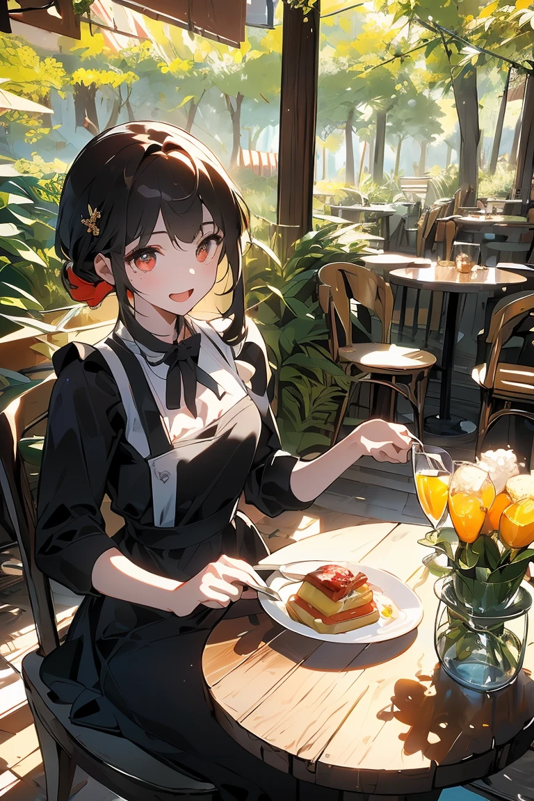 No frills required on arms,Staying in the garden,Anime cat-eared girl wearing the work, Get dressed and have breakfast, , Arte no estilo de Gwaiz, Gwaiz em Pixiv ArtStation, Gwaiz em ArtStation Pixiv, Gwaiz, small , Soft anime illustration, Cute Girl Anime Looks, Detailed digital anime art