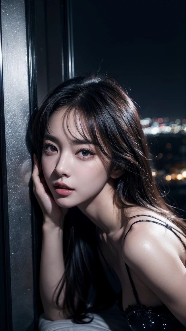 (masterpiece、top-quality、beautiful quality、Photorealsitic、Look at viewers、Detailed and bright lighting、highlydetailed skin、very detail hair、extremely detailed teeth、shadowy、8K:1.2)、(women's pictures、1girl in:1.2)、swim wears、Black swimsuit、full body Esbian、Idol gravure、Gravure Pose、sexypose、Hirosesu、