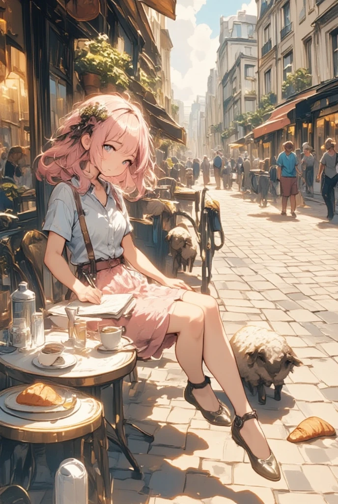 Capture an idyllic afternoon scene in Paris, as the sheep girl with her delightful pink hair relaxes at a classic café terrace, with her lovable sheep beside her. The scene exudes the charm of Parisian life, complete with cobblestone streets winding lazily towards elegant Haussmannian architecture. The café table is adorned with delicate porcelain, a steaming latte, and a fresh croissant as the girl pensively sketches in her travel journal. Her sheep, playful and content, nibbles at a small piece of baguette on the ground. The street is animated with the casual hustle of bicycles and pedestrians passing by, all set against the soft, ambient hum of distant accordion music. The atmosphere radiates a warm sepia tone, reminiscent of vintage postcards, encapsulating the magic and romance that permeate the City of Light. This art piece tells a tale of leisure and discovery, as the sheep girl immerses herself in the culture and allure of Paris, inviting viewers to join her in her scenic journey.