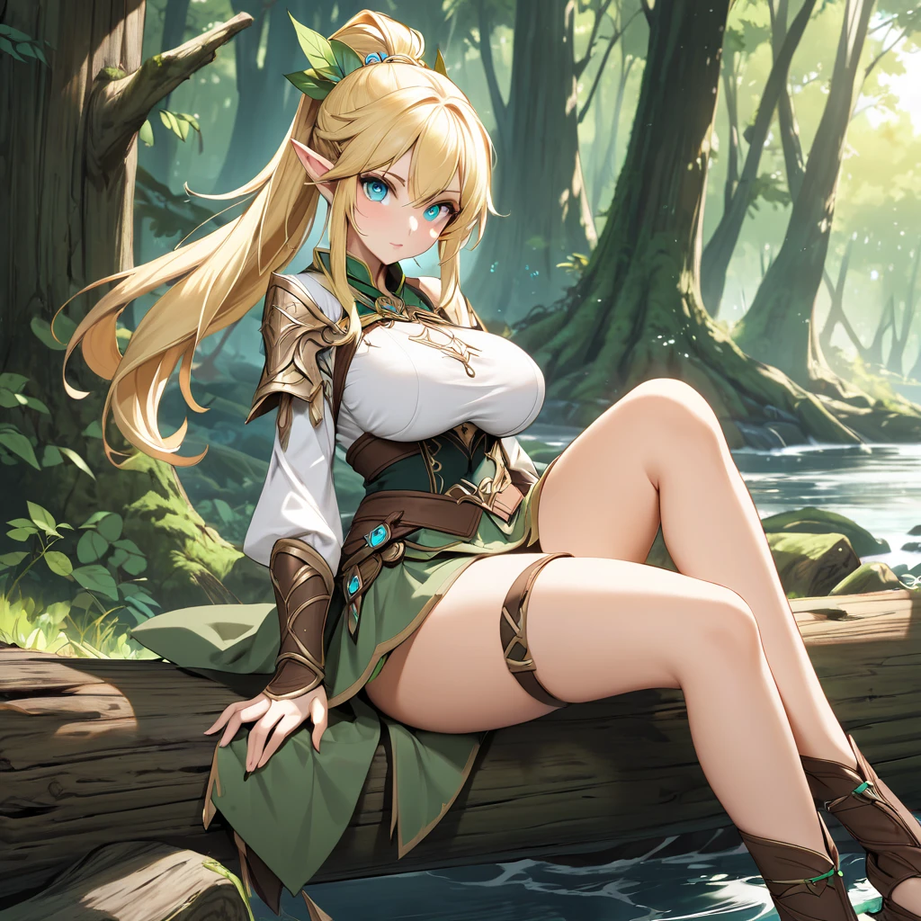 One girl,lease,Green shoulder armor, sweating,blush,vapor, Cleavage,Wet body, Inverted hair,Underarm,greasy Underarm,smooth Underarm,in the forest,Sitting on a tree stump,Crossing your legs,From below