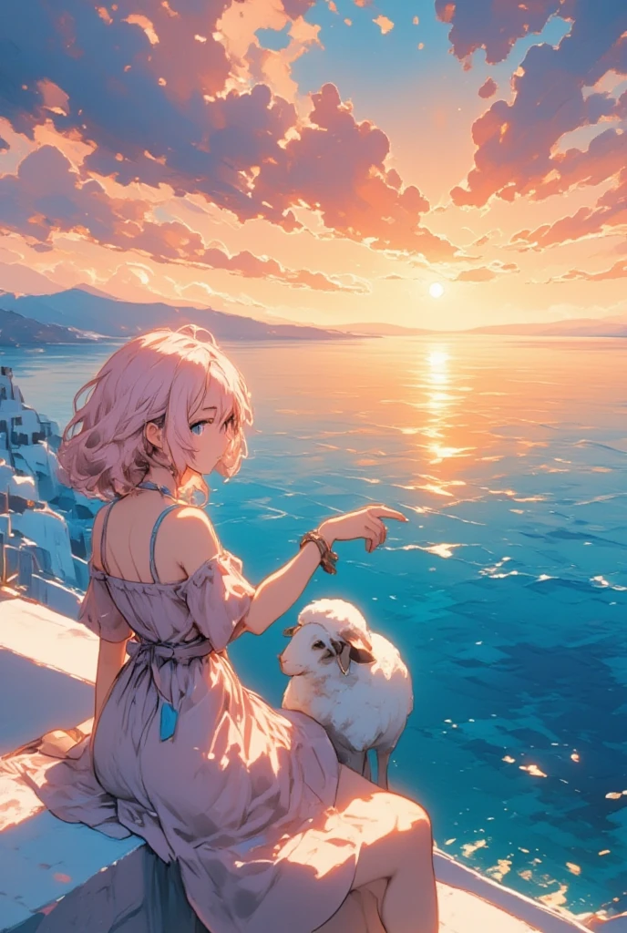 Create a heartwarming depiction of the sheep girl with soft, pastel pink hair and her faithful sheep, as they stand at the edge of a cliff in Santorini. Overlooking the Aegean Sea, the girl and her sheep are enveloped in the tranquil ambiance of sunset. The sky bursts into a dramatic palette of oranges, pinks, purples, and blues, reflected in the emerald waters below. The quintessential white and blue buildings of Santorini appear like soft, dreamy brushstrokes in this digital art piece. The girl sits comfortably on a stone wall, her woolen dress blending seamlessly with her surroundings, as she points towards the horizon, sharing a profound moment of awe with her sheep. Her expression is serene yet filled with anticipation for their next adventure. This tableau captures both the ethereal beauty of the Greek island and the deep companionship between the girl and her sheep, enveloping them in the warm embrace of a golden Mediterranean sunset.