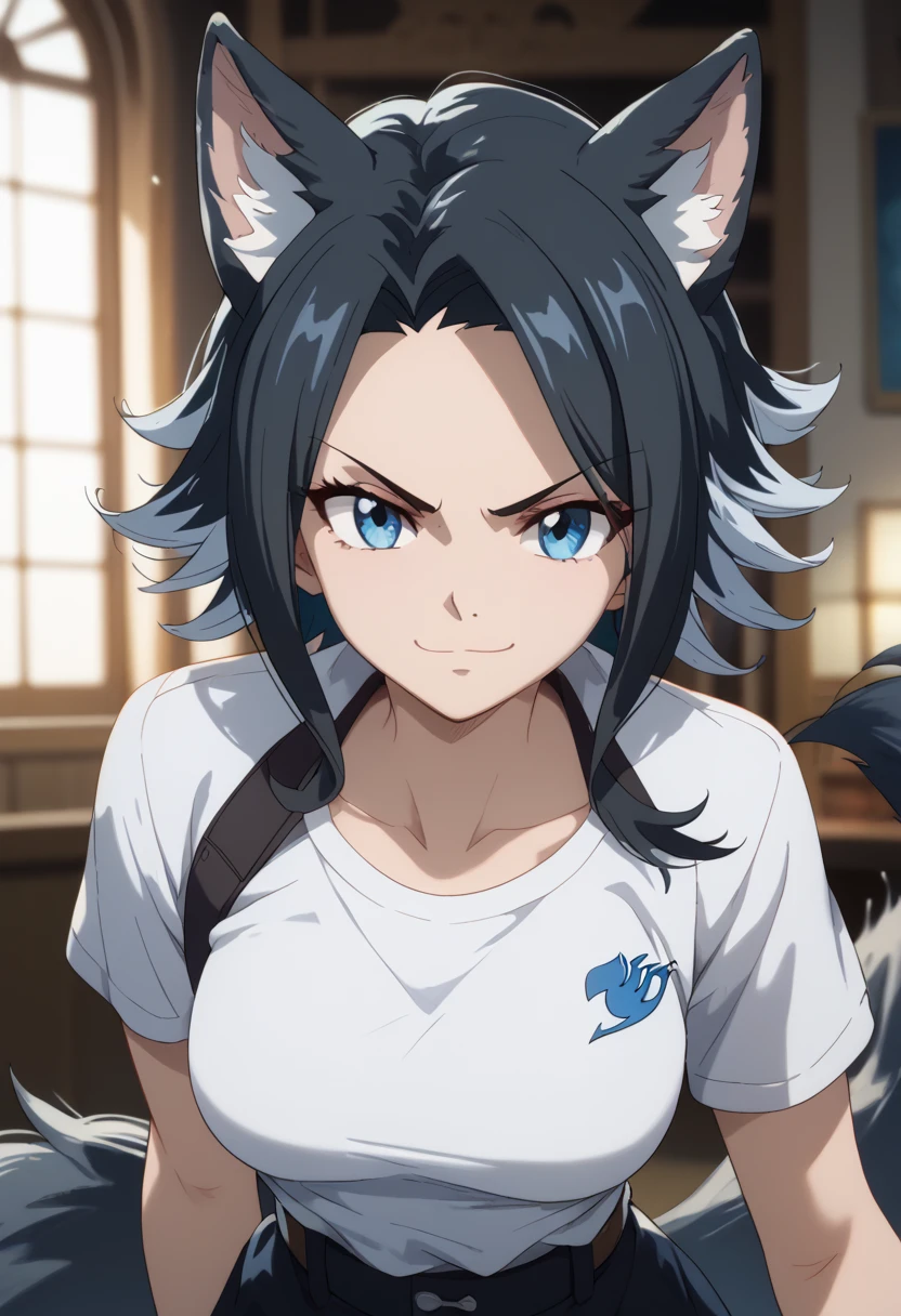 ((masterpiece)), anime lighting, Fairy tail art style, 1girl, medium hair, black wolf ears, black wolf tail, black hair, multicolored hair, blue eyes, white shirt, tomboy, boyish girl, sly smirk, challenging look.