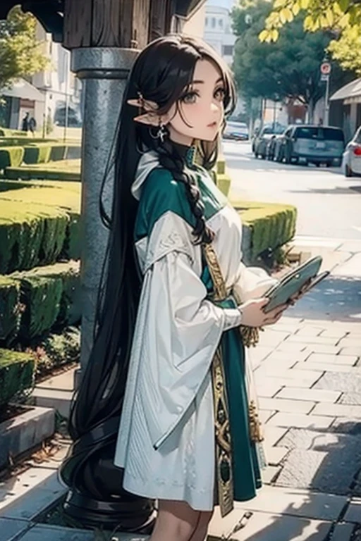 female elf,  long black hair ,  braided hair , king,  round face, GREEN AND WHITE CLOTHES, em uma cidade de fantasia, fantasy character