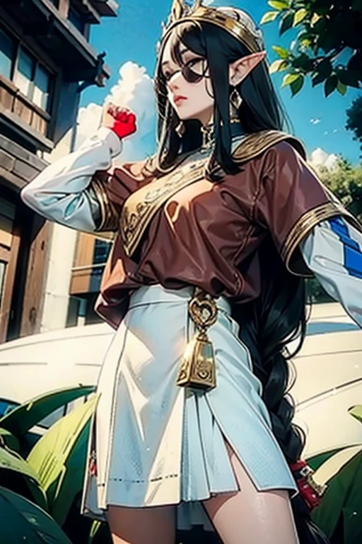 female elf,  long black hair ,  braided hair , king,  round face, GREEN AND WHITE CLOTHES, em uma cidade de fantasia, fantasy character