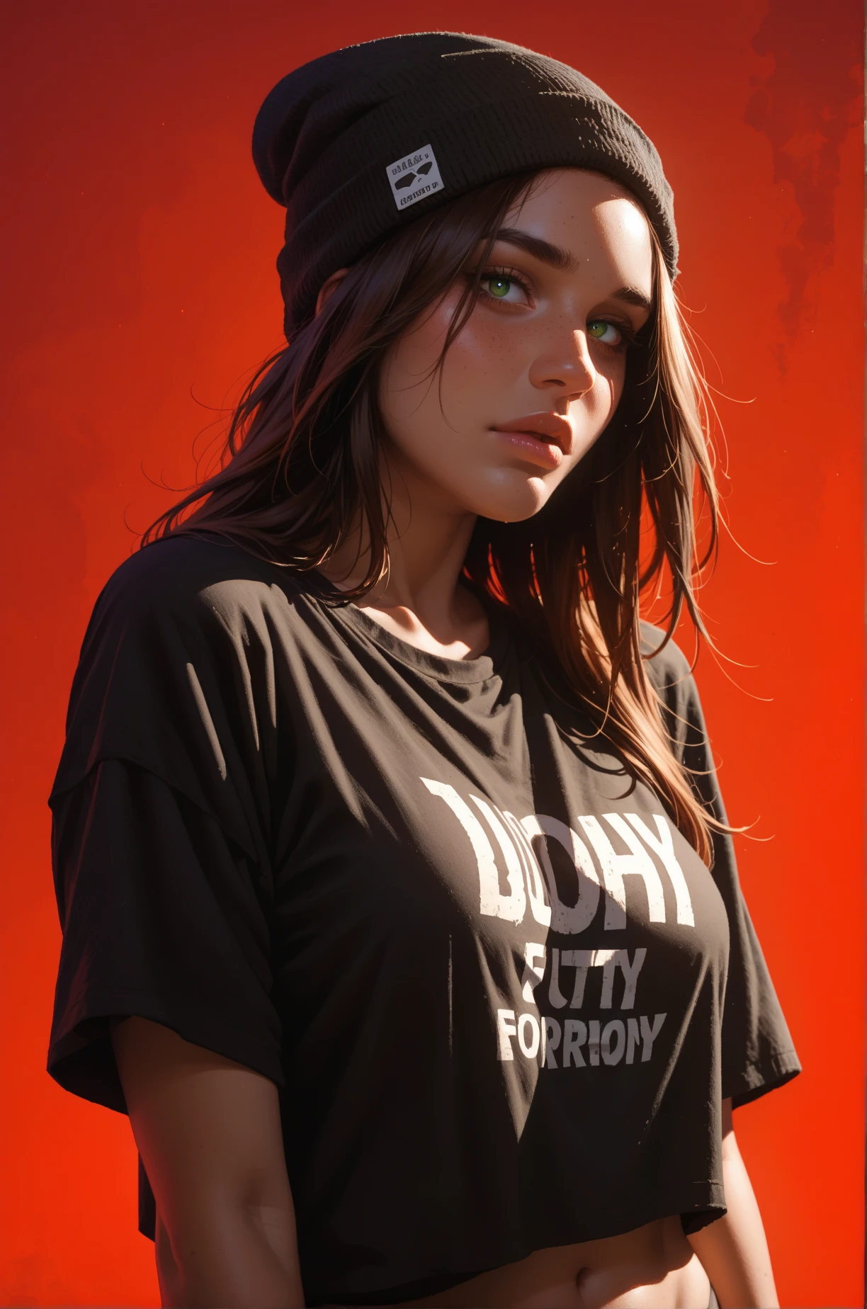 score_9, score_8_up, score_7_up, cartoon of a girl, solo, sexy, slutty, wide hips, brown skin, hazel green eyes, brown hair, straight hair, black beanie, black oversized tshirt, standing, atmospheric lighting, moody and gritty, low key lighting, bright red background, simple background