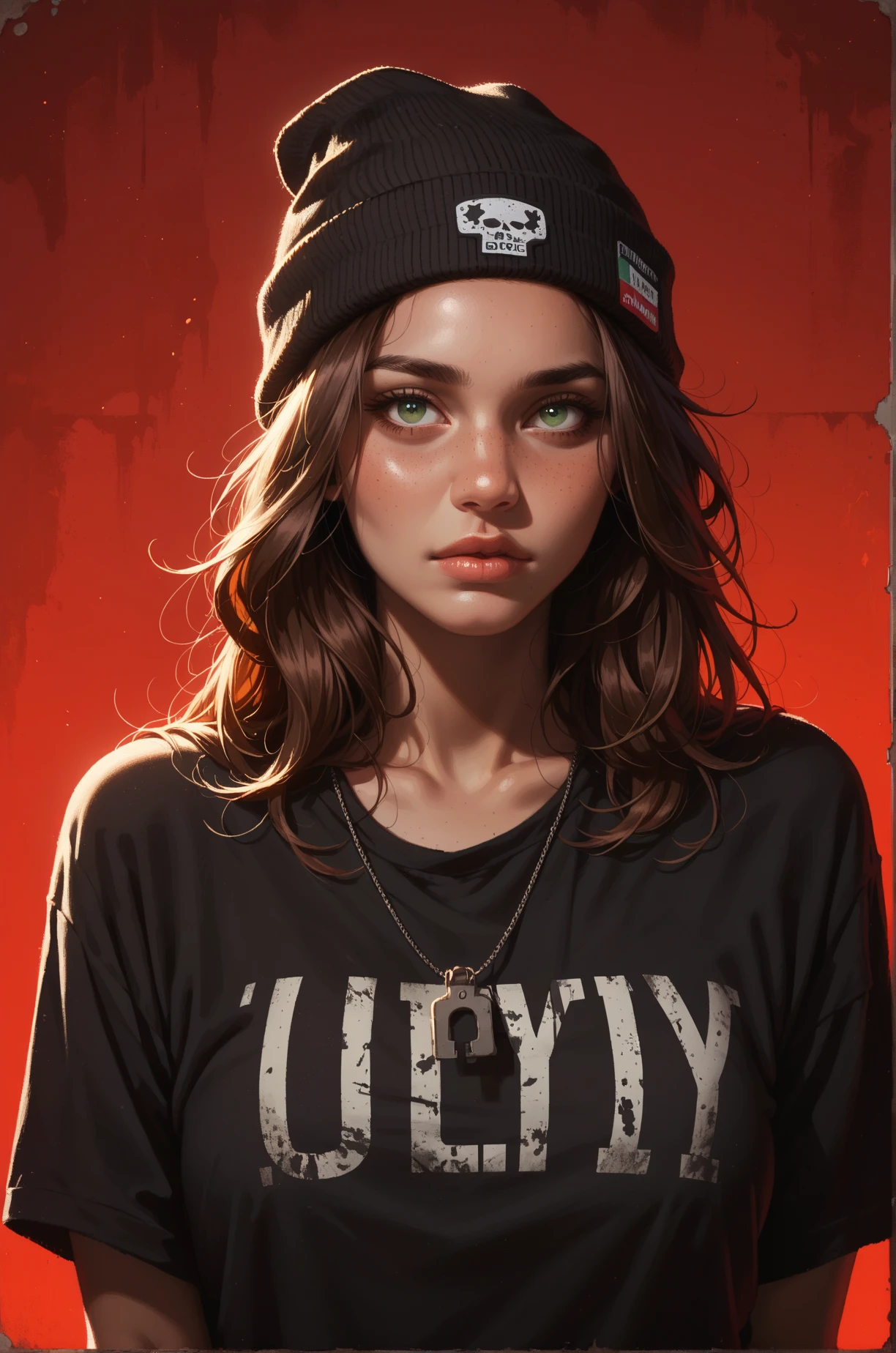 score_9, score_8_up, score_7_up, cartoon of a girl, solo, sexy, slutty, wide hips, brown skin, hazel green eyes, brown hair, straight hair, black beanie, black oversized tshirt, standing, atmospheric lighting, moody and gritty, low key lighting, bright red background, simple background