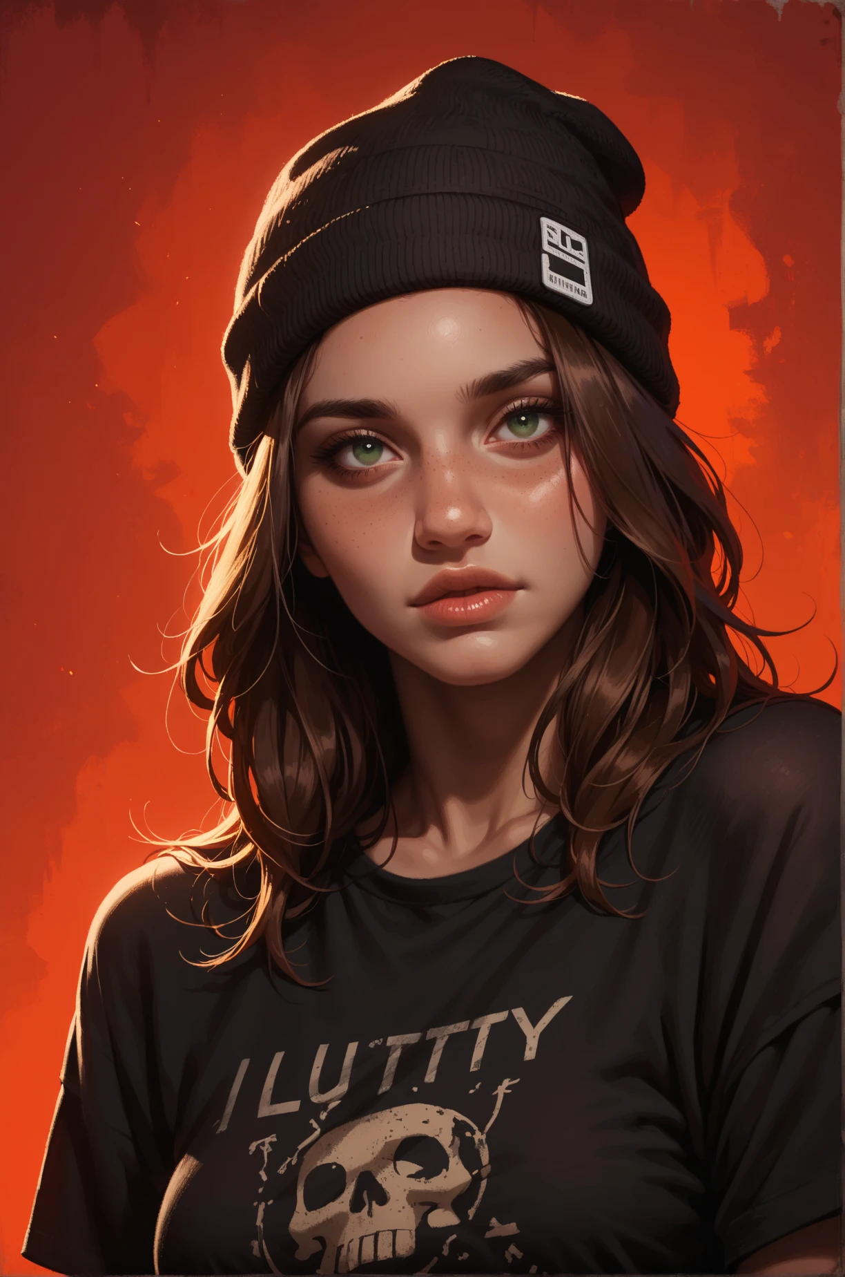 score_9, score_8_up, score_7_up, cartoon of a girl, solo, sexy, slutty, wide hips, brown skin, hazel green eyes, brown hair, straight hair, black beanie, black oversized tshirt, standing, atmospheric lighting, moody and gritty, low key lighting, bright red background, simple background