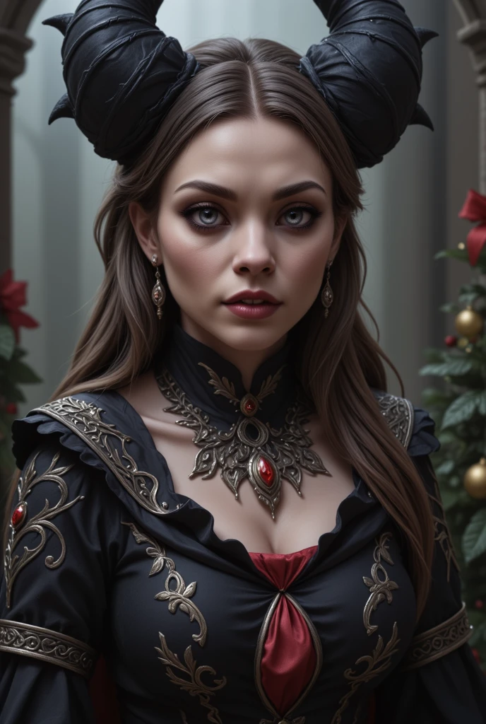 Female disney villain, neo romantic, Gothic portrait, dizzy, white, gloomy, hyper realism, christmas vibes, Renaissance