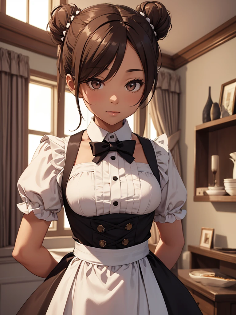 (Wiz), 1woman, as a maid, wearing a maid outfit, at a home, light brown high bun hair, 8k, high detailed, high quality