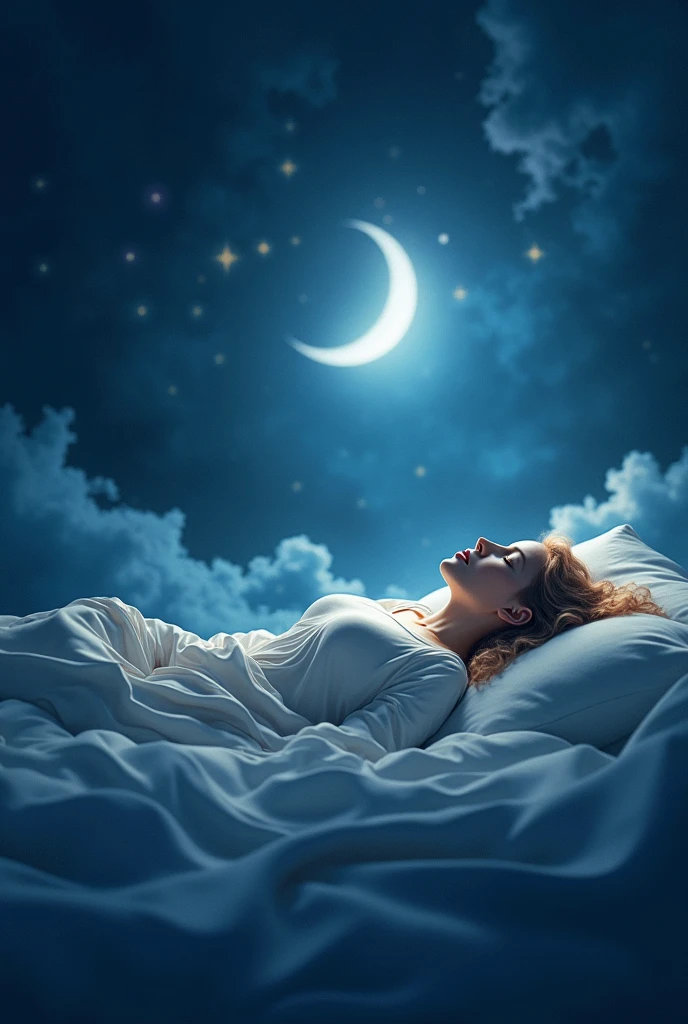 Person sleeping peacefully, surrounded by a relaxing blue aura. Above, a night sky transforms into a vibrant dawn. Clock showing a healthy sleep cycle. Realistic style with soft dreamlike elements, high definition, realistic style, cinematic style, soft colors. Photorealism style, high resolution, 8k