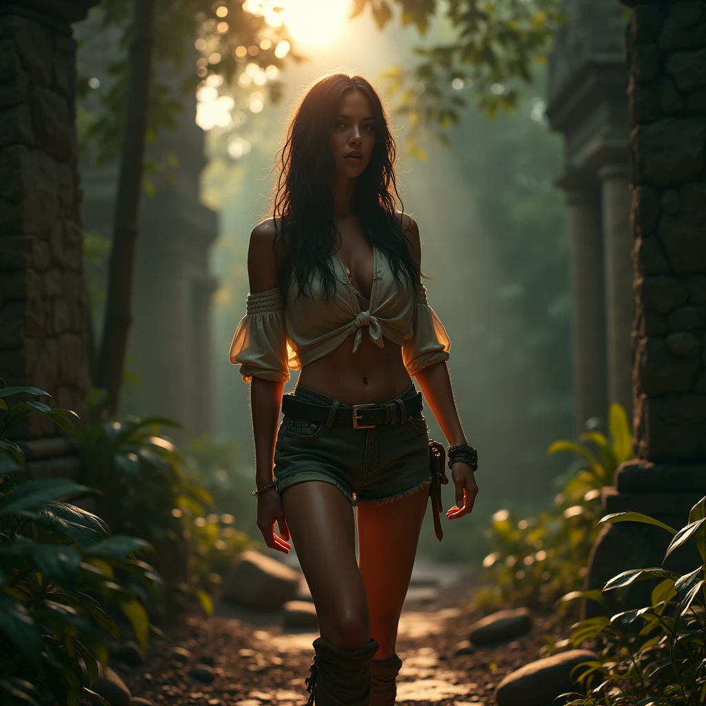 best qualityer, work of art, (realisitic:1.2), 1 girl, standing alone, Headshots, trunk, (Silhouette Lighting:1.2), tattooed red tribal, (darkskin:1.2), Tribal Bikini, face painting, face marker, hourglass figure, ancient ruins at dusk, Indian twilight in the forest
