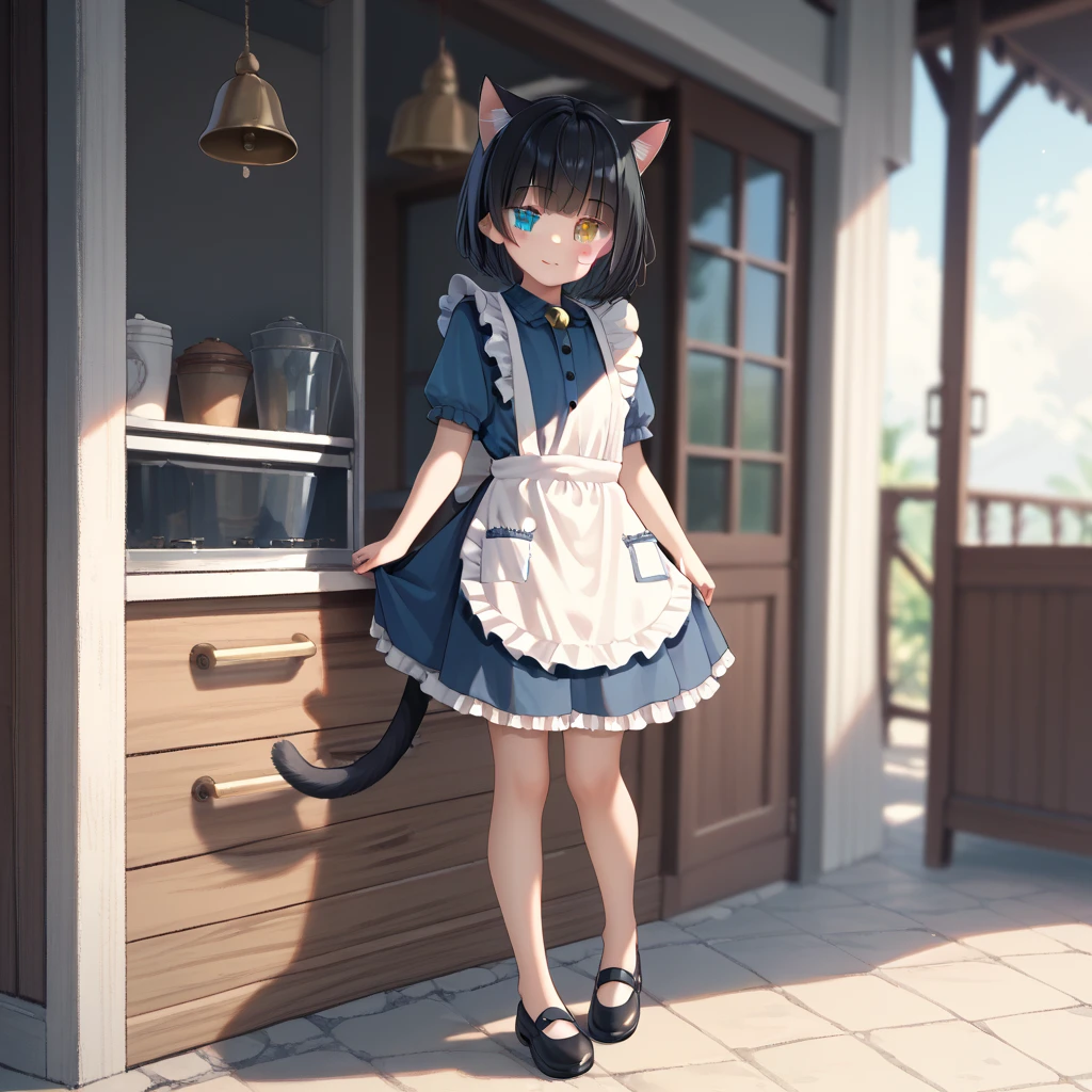 cute, catgirl, heterochromia, bell skirt, frilly clothes, short girl, full body, black hair, blue clothes, apron