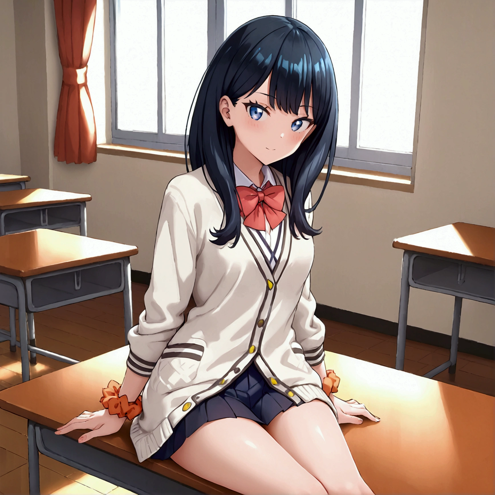 takarada rikka, blue eyes, black hair, long hair, bangs,1girl, school uniform, white cardigan, black miniskirt, red bowtie, orange wrist scrunchie, thigh, Sit, Room, Displeased face, Beautiful view, good atmosphere