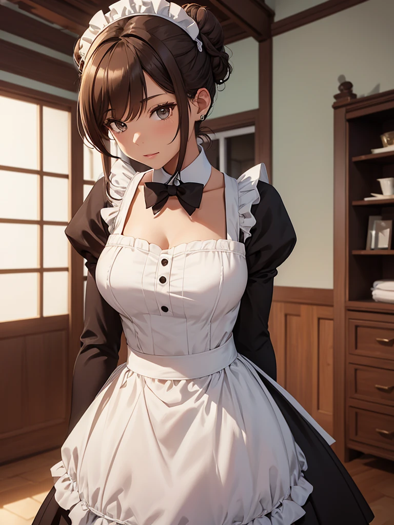 (Wiz), 1woman, as a maid, wearing a maid outfit, at a home, light brown high bun hair, 8k, high detailed, high quality