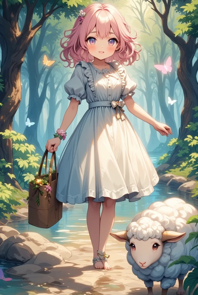 (Create an enchanting digital artwork of a super cute sheep girl, set within a whimsical world akin to a fairy tale. The sheep girl has pink hair, with an anatomically correct human form possessing fluffy sheep-like elements such as soft ears, a small tail, and delicate hooves. Her eyes are large and sparkling, reflecting a sense of wonder and curiosity. She is adorned in an ethereal dress made of soft, mossy greens and muted floral pastels. The backdrop depicts a magical forest, where tall, twisting trees with luminescent leaves create an ever-changing kaleidoscope of lights. Around her, gentle creatures of the forest like glowing butterflies and curious small creatures, interact playfully, lending a sense of liveliness and harmony to the scene. The artwork should convey an atmosphere of serene beauty, with a color palette dominated by natural hues, punctuated with hints of pink to match the girl’s hair. The sheep girl is captured mid-step, as if exploring this captivating world for the first time, embodying both gentle innocence and an adventurous spirit.)